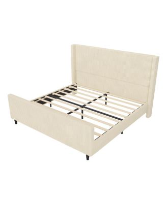  King Size High Headboard Corduroy Upholstered Bed Frame with Vertical Stripe Wingback and High Footboard