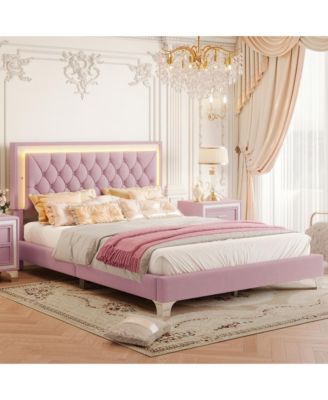 Queen Size Upholstered Bed Frame with LED Lights Modern Velvet Platform Bed with Tufted Headboard Pink