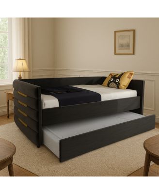 Modern Twin Size Daybed With Trundle Upholstered Black Velvet Sofa Bed Frame With Gold Accents Space-Saving Guest Bed