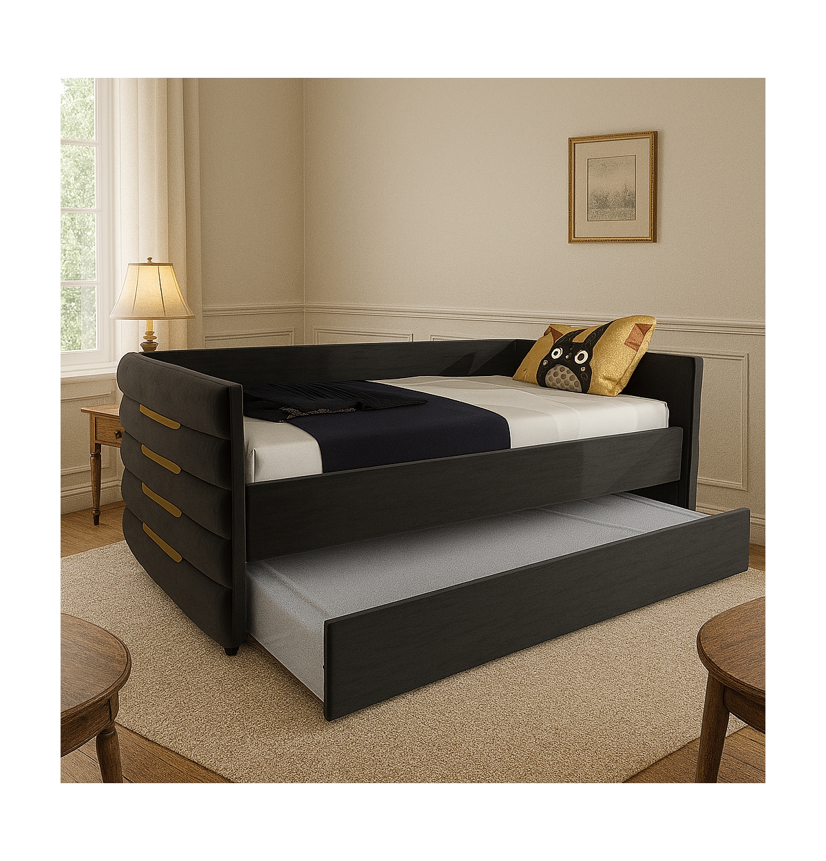 Lovmor Modern Twin Size Daybed With Trundle Upholstered Black Velvet Sofa Bed Frame With Gold Accents Space-Saving Guest Bed