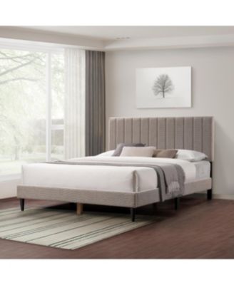 Gray Upholstered Queen Platform Bed Frame Tufted Channel Headboard Mid-Century Bedroom Furniture No Box Spring Required