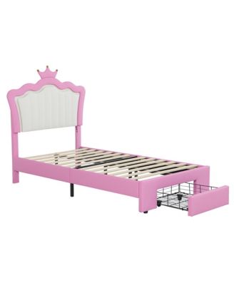 Twin Size Upholstered Bed Frame with LED Lights Modern Upholstered Princess Bed with Crown Headboard a Drawer