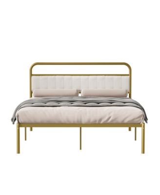 Queen-Size Metal Steel Platform Bed Frame with Durable Upholstered Headboard Cushion Iron & Wood Adjustable for Hotels Villas