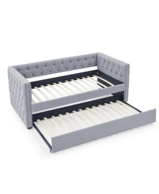 Daybed with Trundle, Twin Size, Upholstered Tufted Sofa Bed with Button & Copper Nail Accents on Square Arms