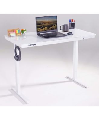 Hi Rise Standing Desk with Drawer, White Glass Top, 48x24" Desk, Electric Powered Height Adjustment with Two USB Charging Ports