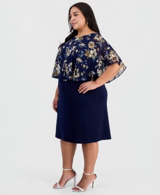 Plus Size Floral- Chiffon Cape-Overlay Dress