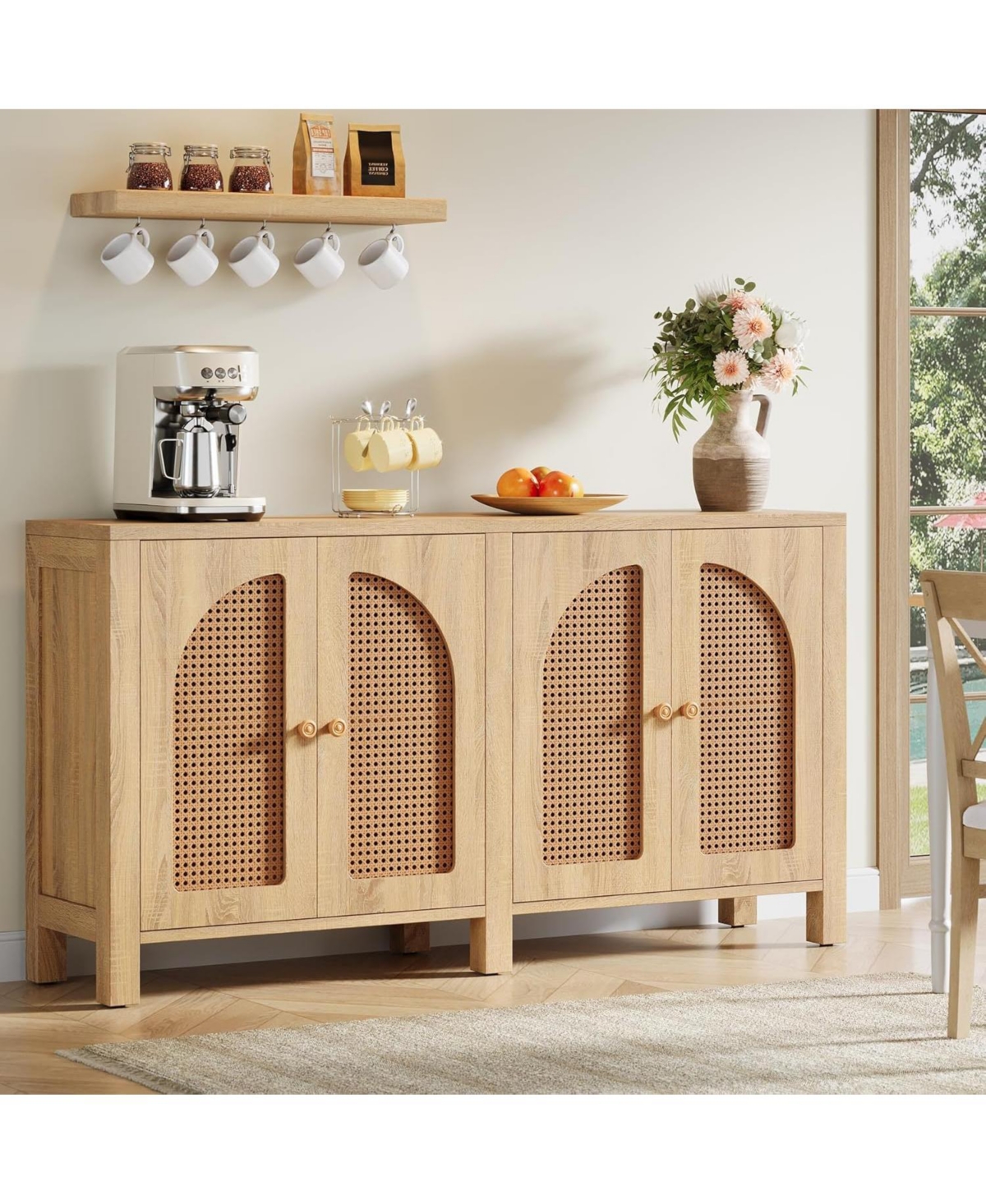 Tribesigns 59" Rattan Kitchen Storage Buffet Cabinet, with 4 Doors