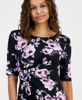 Petite Floral Twist-Front Elbow-Sleeve Dress