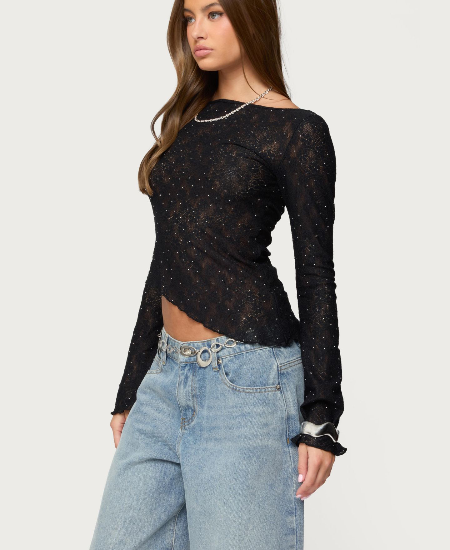 Женский топ Edikted Mare Asymmetric Gem Sheer Lace Top, цвет: Чёрный — фото 4