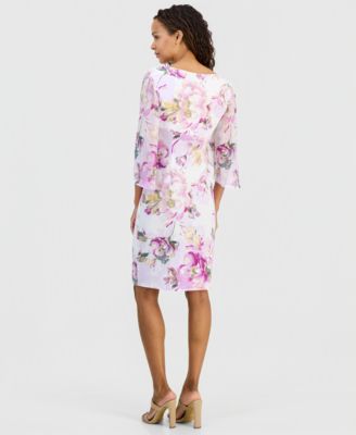 Petite Floral Gathered-Front Cape-Sleeve Dress
