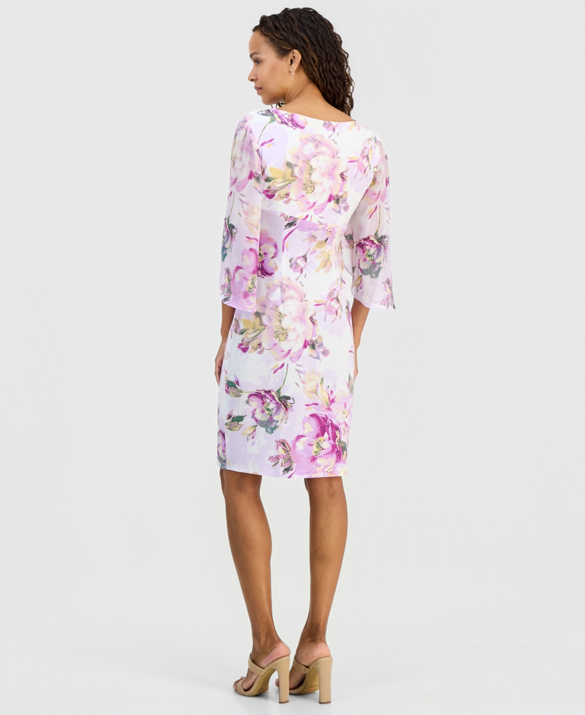 Connected Petite Floral Gathered-Front Cape-Sleeve Dress