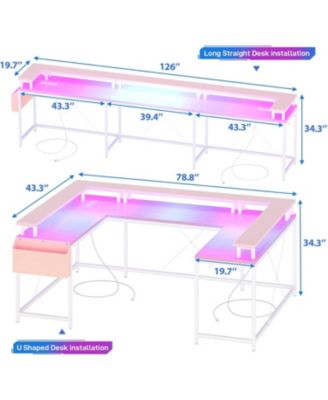 78" U-Shaped Computer Desk with Power Outlets, RGB LED and Storage, Reversible L-Shaped Gaming Desk