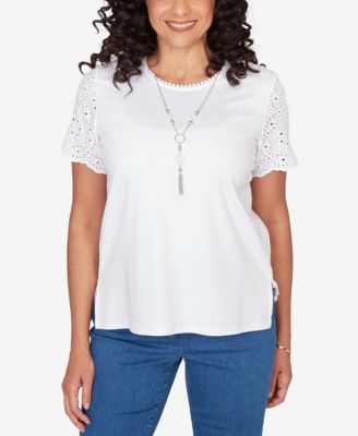 Petite Classic Solid Eyelet Sleeve Top with Necklace
