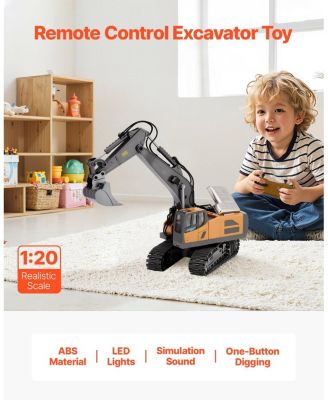 RC Excavator Toy, 11-Channel 1:20 Scale Digger with Lights & Sounds, Full-Function Construction Vehicle with 2 Batteries