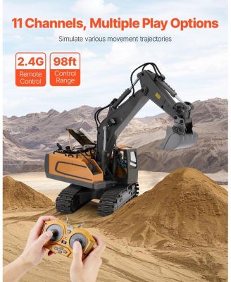 RC Excavator Toy, 11-Channel 1:20 Scale Digger with Lights & Sounds, Full-Function Construction Vehicle with 2 Batteries