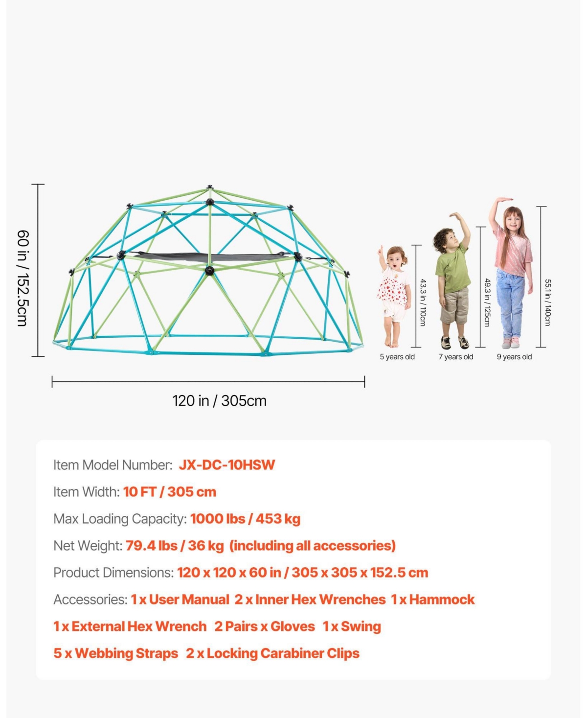 Mecale Climbing Dome, 10 ft Geometric Dome with Swing and Hammock, 1000 lb Capacity Outdoor Playground for Kids Ages 3–10