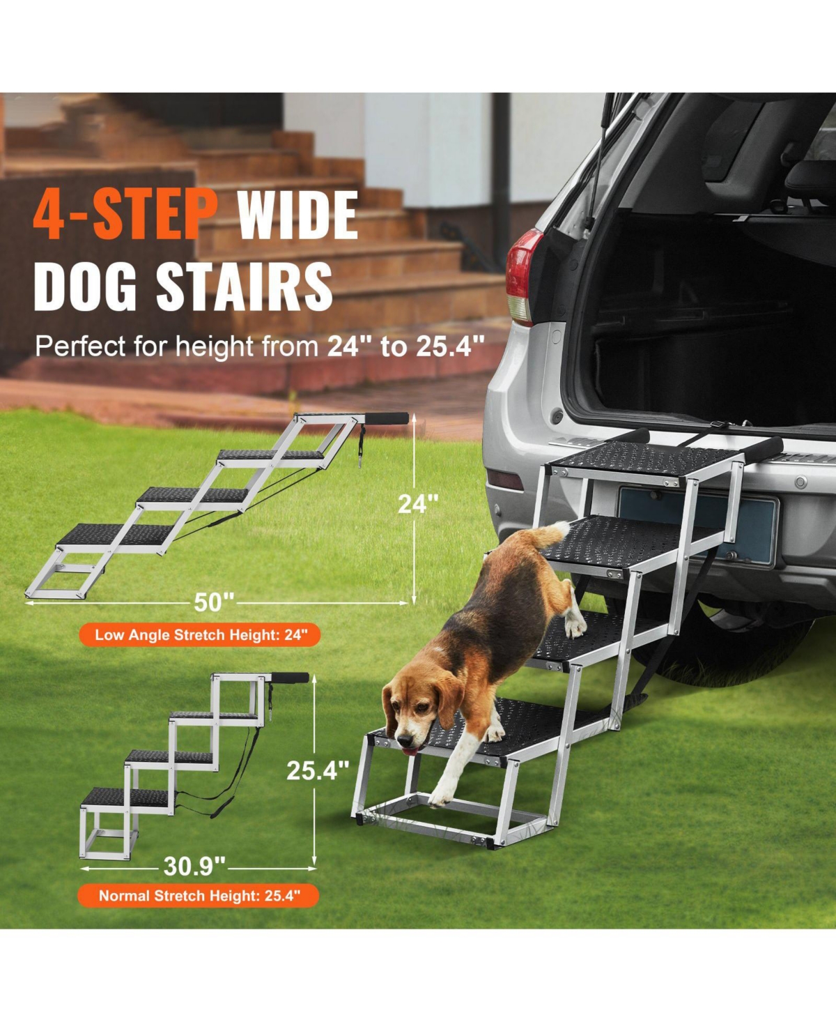 Cozito Wide 4-Step Aluminum Folding Dog Stairs for SUVs, Holds up to 150 lbs