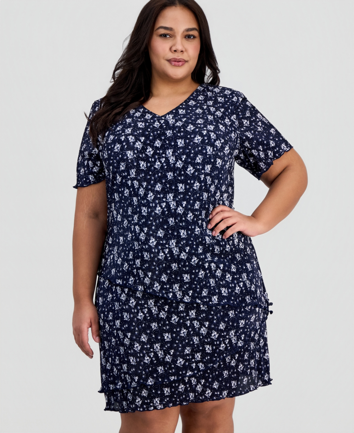 Connected Plus Floral Ruffle-Tiered V-Neck Sheath Dress