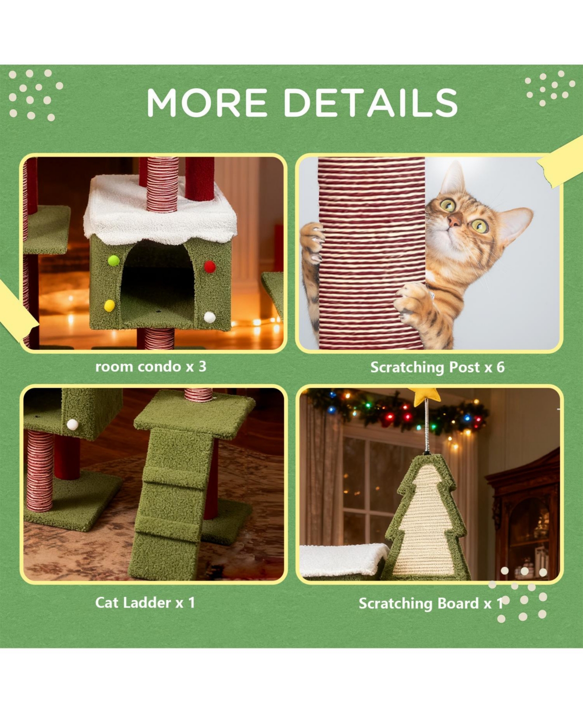 Aostirmotor Festive Cat Tree with Star & Snow Designs, Multi-Level Play & Cozy Cabins