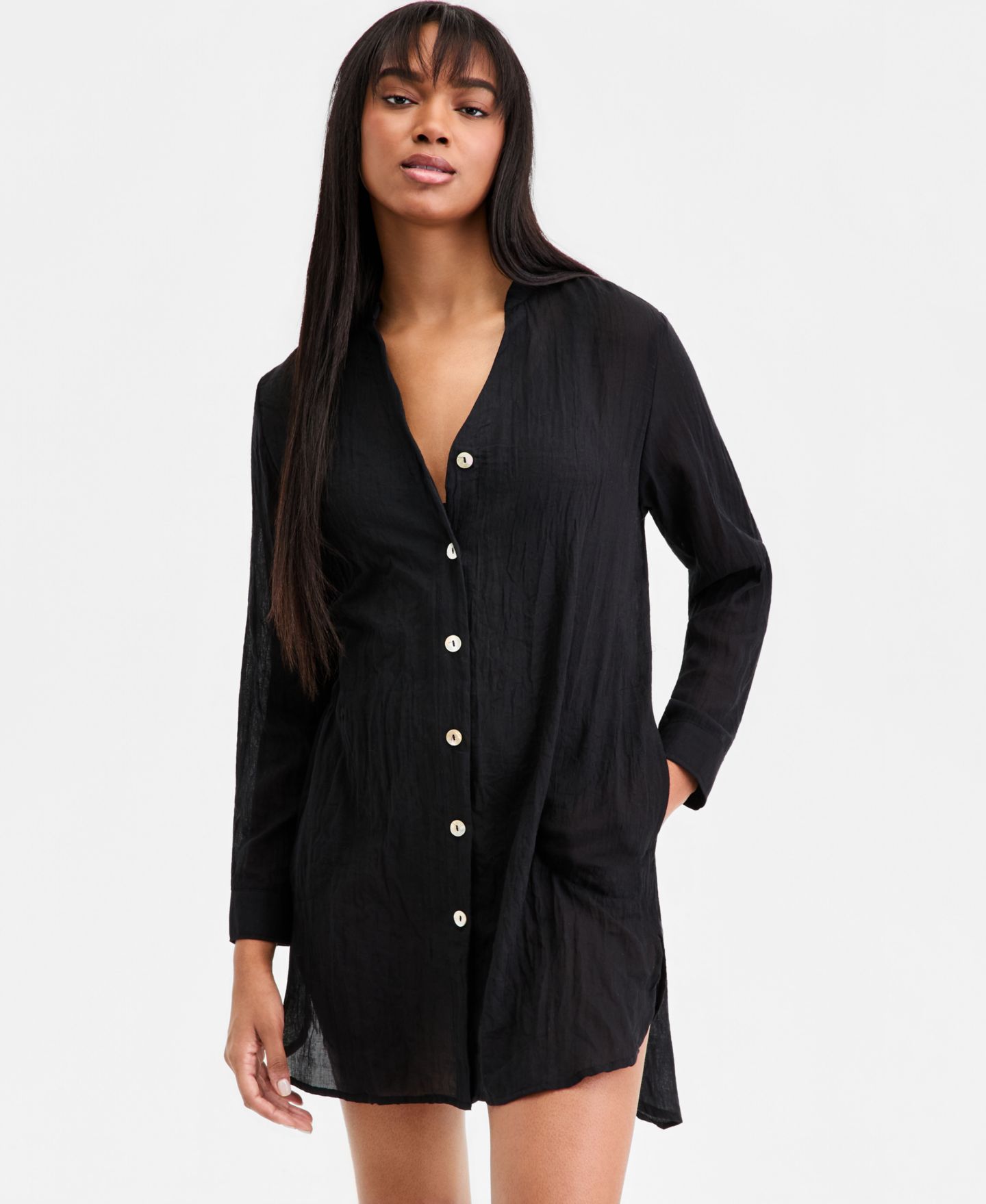 Женская рубашка J Valdi Button-Down Swim Shirt with Pockets, цвет: Чёрный — фото 1
