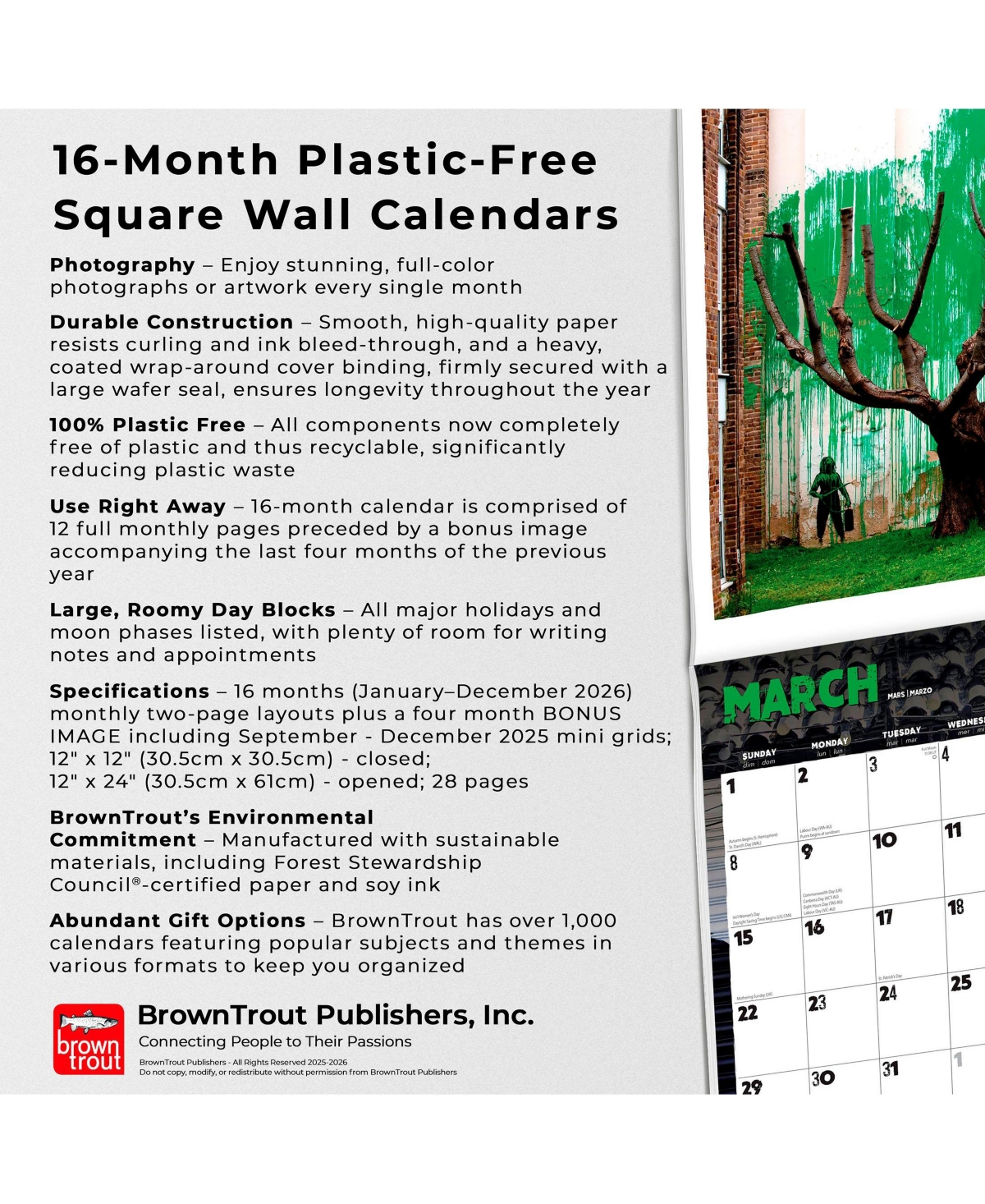 BrownTrout Banksy's Graffiti Official | 2026 12 x 24 Inch (Hanging) Monthly Square Wall Calendar | Plastic-Free