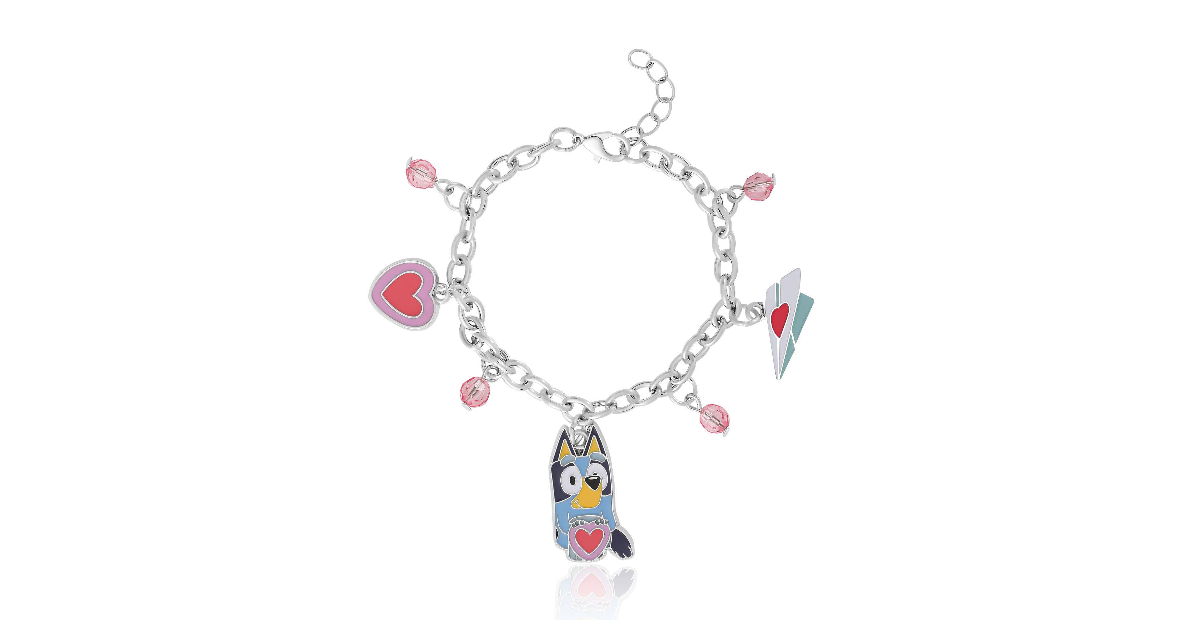 Bluey Charm Bracelet, Silver-Tone, Heart & Love Letter Charms