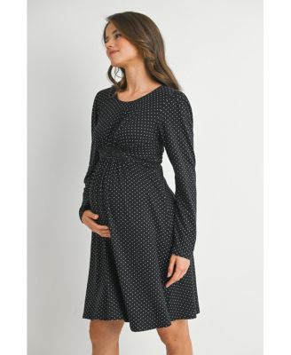Maternity Long Sleeve Crewneck Polka Dot Dress