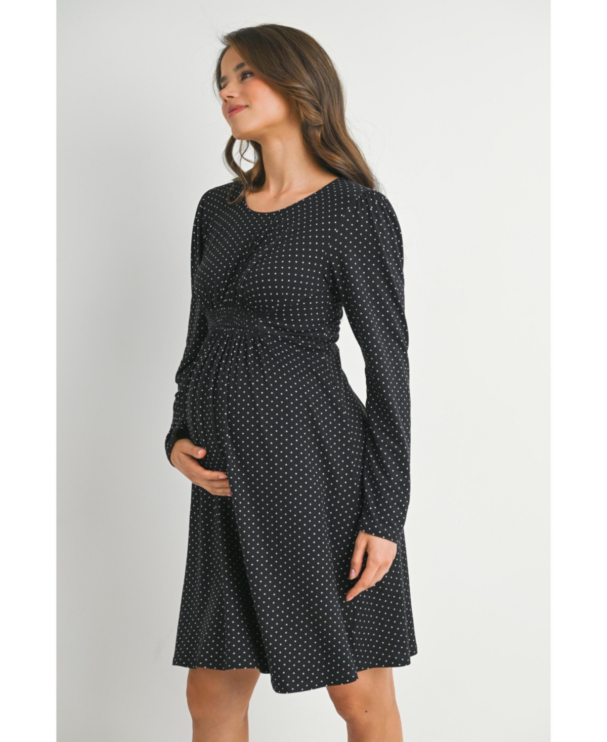 Hello Miz Maternity Long Sleeve Crewneck Polka Dot Dress