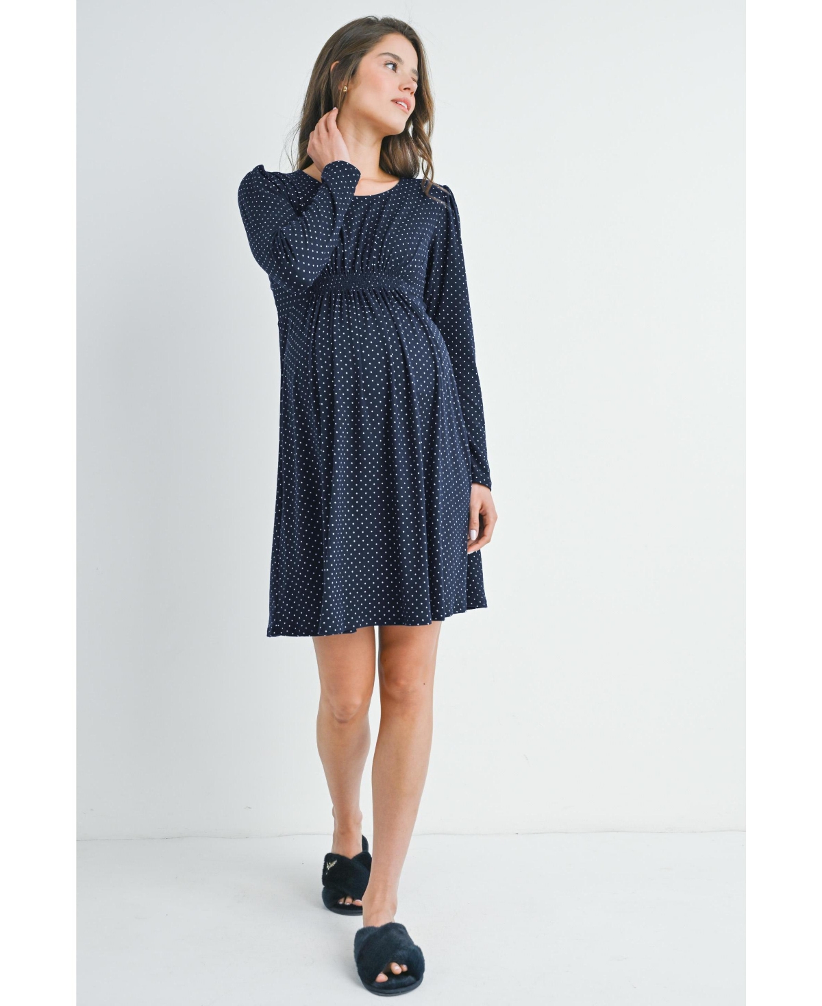 Hello Miz Maternity Long Sleeve Crewneck Polka Dot Dress