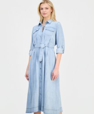 Women's Roll-Sleeve Denim Midi Shirtdress