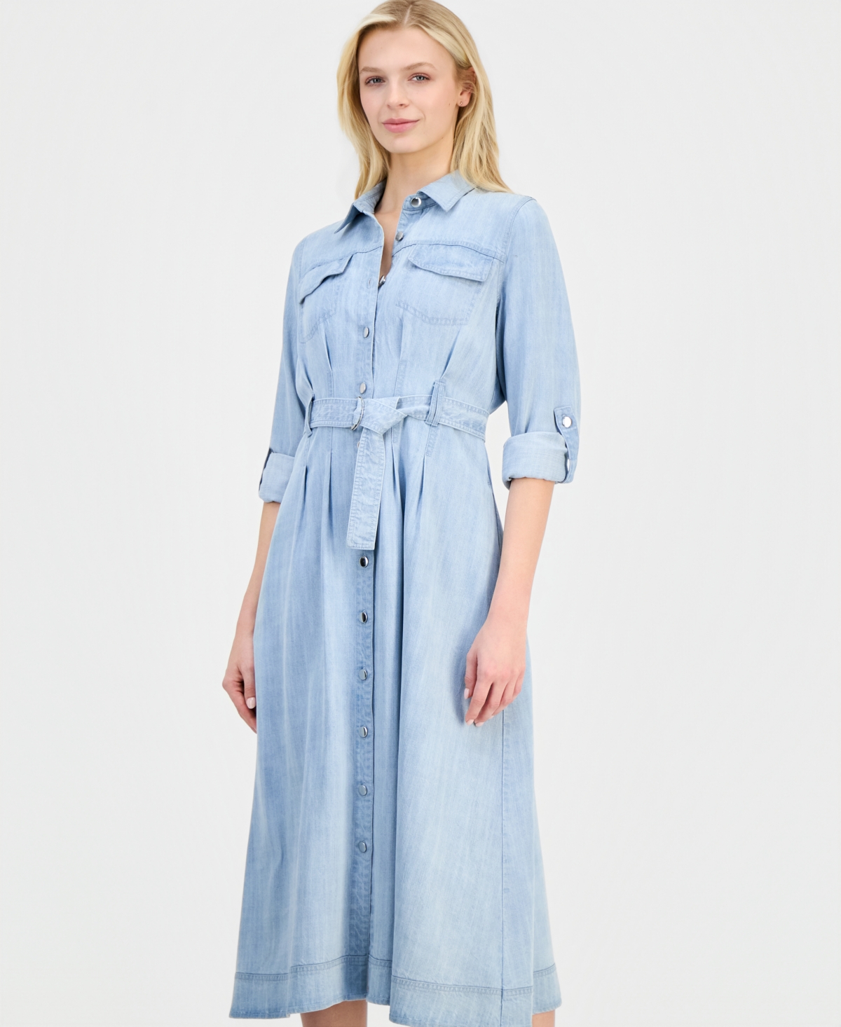 T Tahari Women's Roll-Sleeve Denim Midi Shirtdress