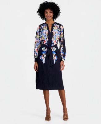 Women's Spllit-Neck Belted A-Line Dress