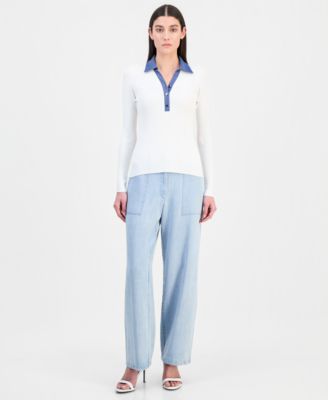 Women's Contrast Collared Ribbed Knit Sweater