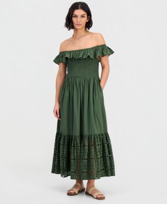 Women's Off-The-Shoulder Flounced Smocked Midi Dress