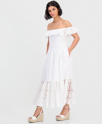 Women's Off-The-Shoulder Flounced Smocked Midi Dress