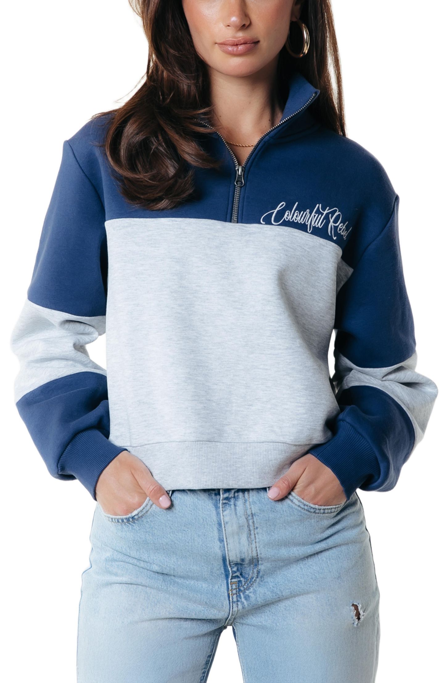 Женский топ Colourful Rebel Colourblock Zip Sweat, цвет: Синий — фото 1