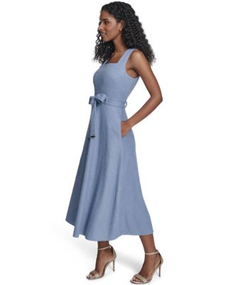 Women's Sleeveless Square Neck Self Sash Midi Dress
