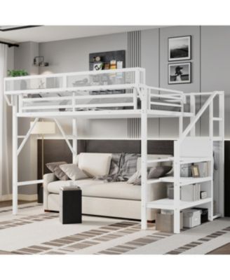 Twin XL Loft Bed with Stairs, Storage Shelves & Wardrobe - White