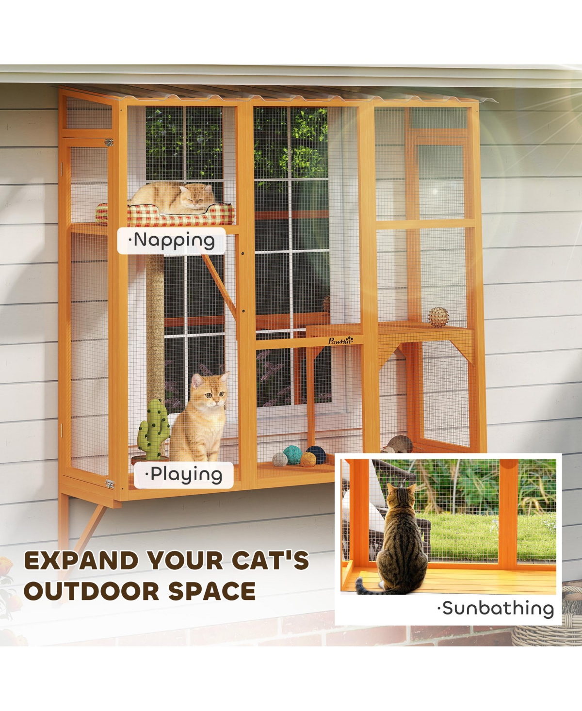 PawHut Catio Outdoor, Window for 2-3 Cats, Playing Sunbathing