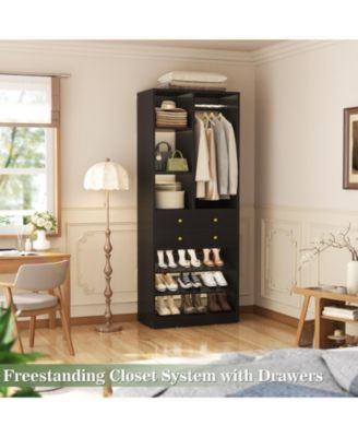 28'' Freestanding Closet Storage System with 2 Drawers, Closet Tower with Hanging Rod, Shelves & Adjustable Shoe Racks
