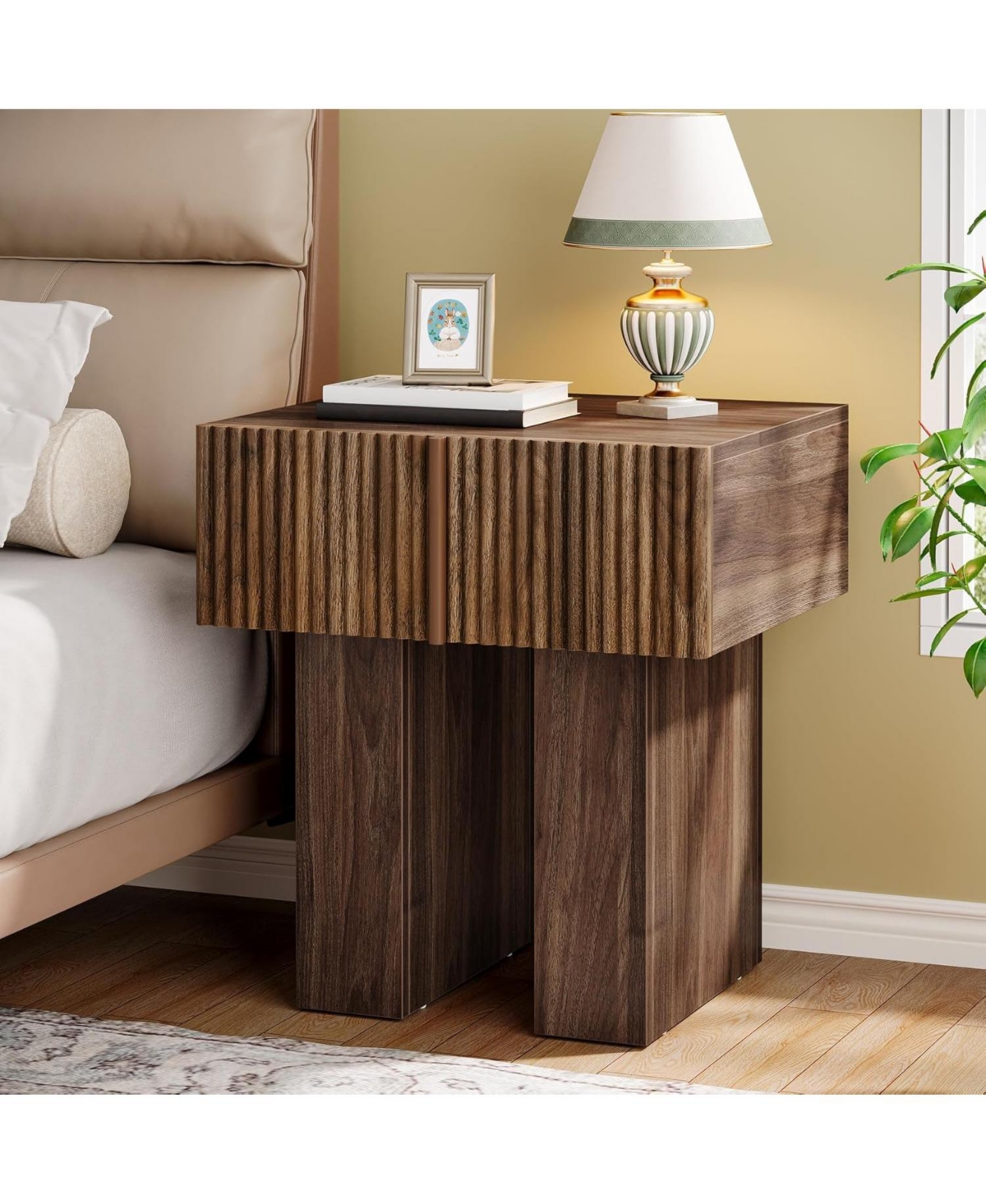 Tribesigns Fluted Nightstand Set of 2, Wooden Night Stand with Storage Drawer, Modern Bedside Table Side End Table