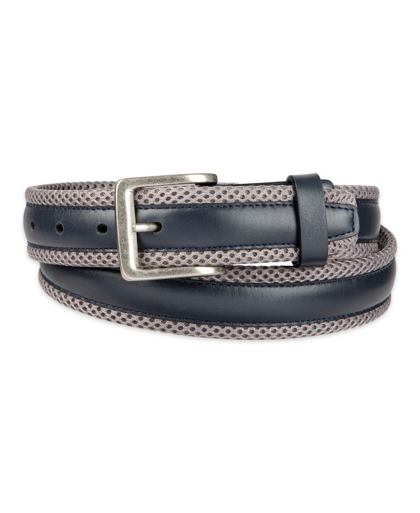 Мужской ремень Tommy Bahama Mesh Cushioned Leather Overlay Stretch Belt, цвет: Тёмно-синий / Серый — фото 1
