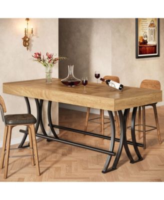 63" Counter Height Dining Table with Metal Footrest, Rectangular Tall Kitchen Bar Table, Natural