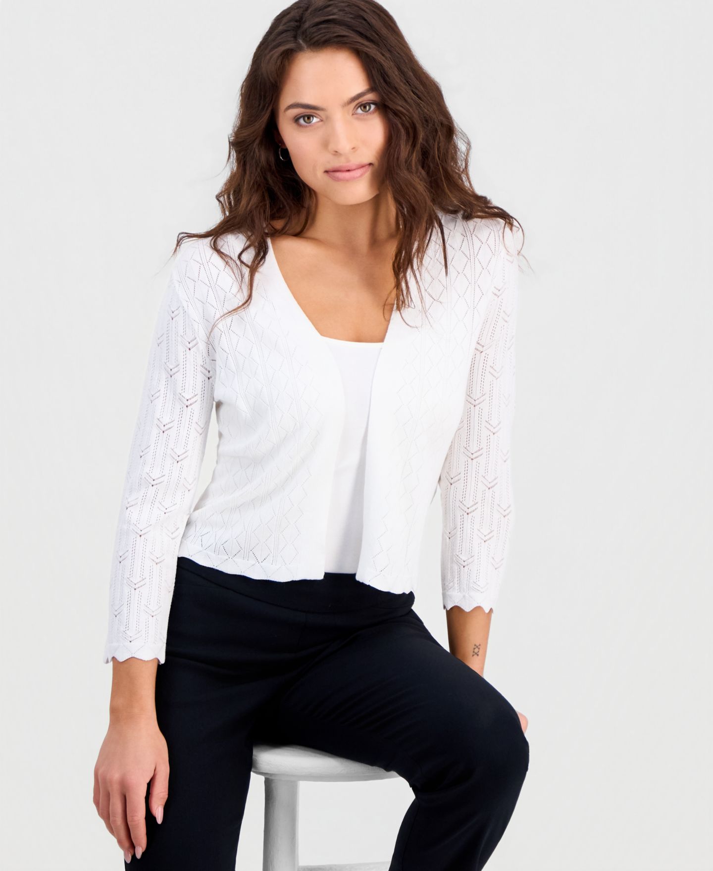 Женские болеро Robbie Bee Petite Pointelle Knit Open-Front Shrug, цвет: Белый — фото 1