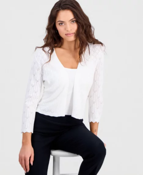 Petite Pointelle Knit Open-Front Shrug - White