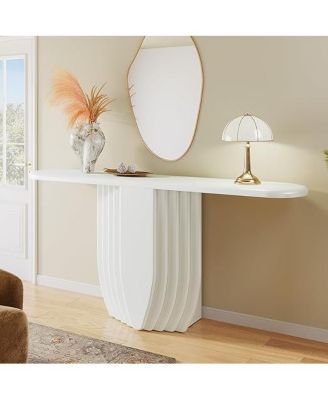 Modern White Console Table, 63 inch Wooden Entryway Sofa Table with Geometric Base, Contemporary Accent Console