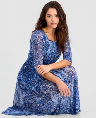 Petite Tie-Front 3/4-Sleeve Mesh Midi Dress