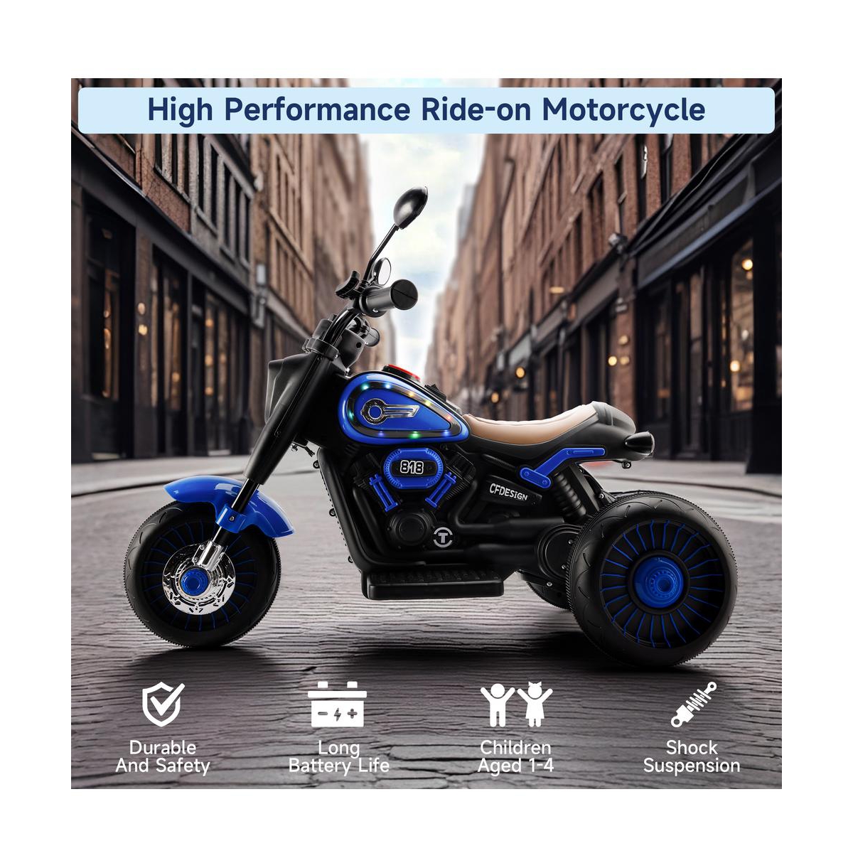 Bruce & Shark 6V 3-Wheel Kids Motorcycle for Ages 1-3, Electric Toy with Light Music