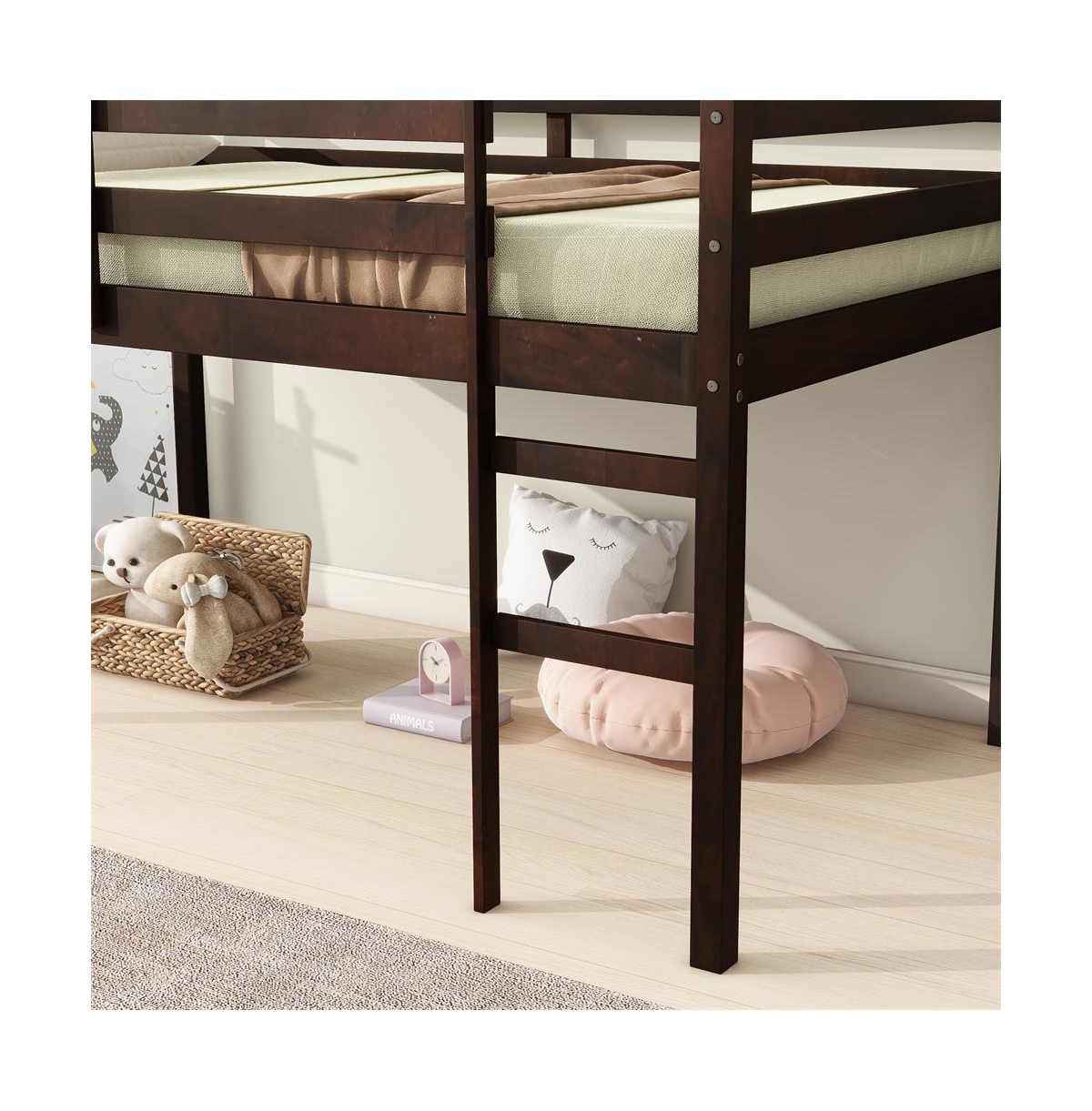 Cesicia Twin Loft Bed with Ladder Rubber Wood Platform Storage Space & Guardrails