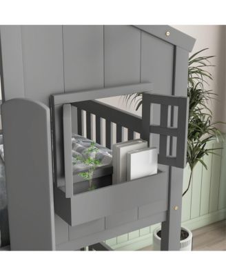 Twin over Twin House Bunk Bed with Roof Window Door & Safety Guardrails Playful Wooden Loft Bed for Kids